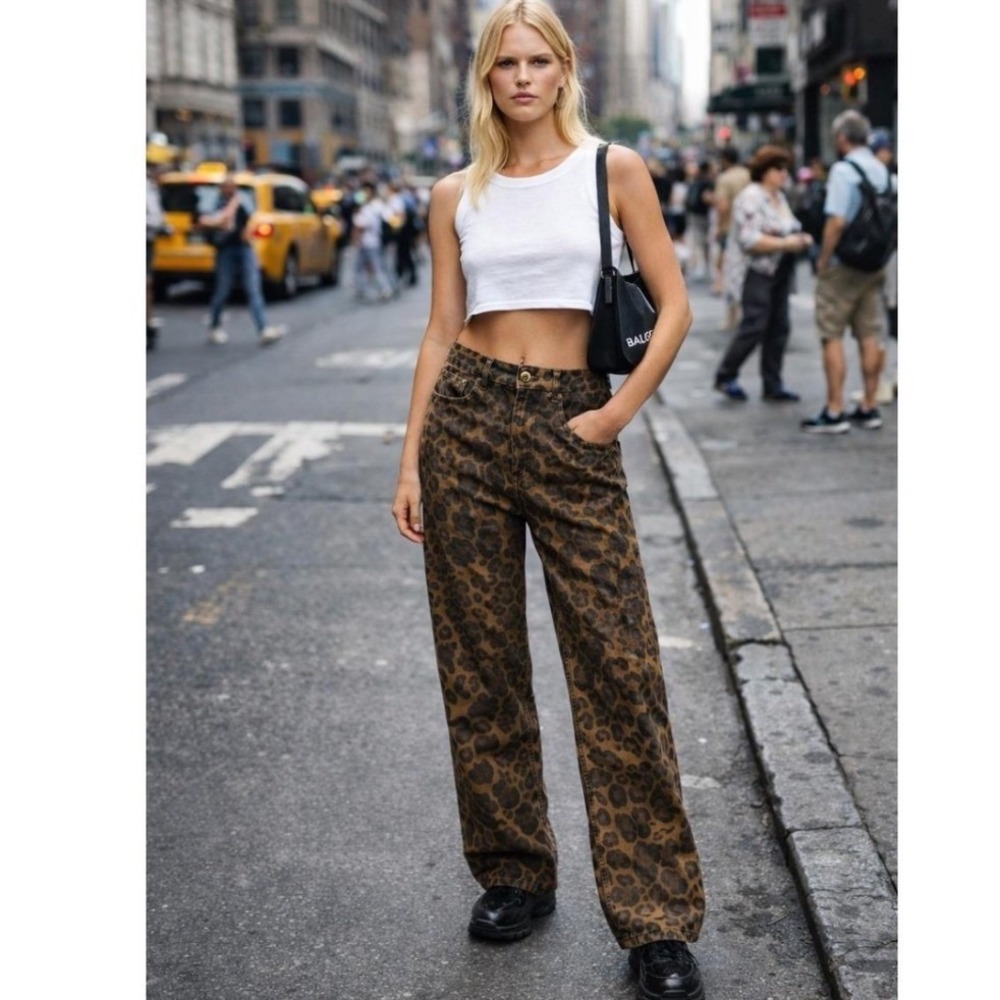 Aelfric Eden Leopard Print Straight Leg Jeans Brown‎ Size 30 - Picture 2 of 10